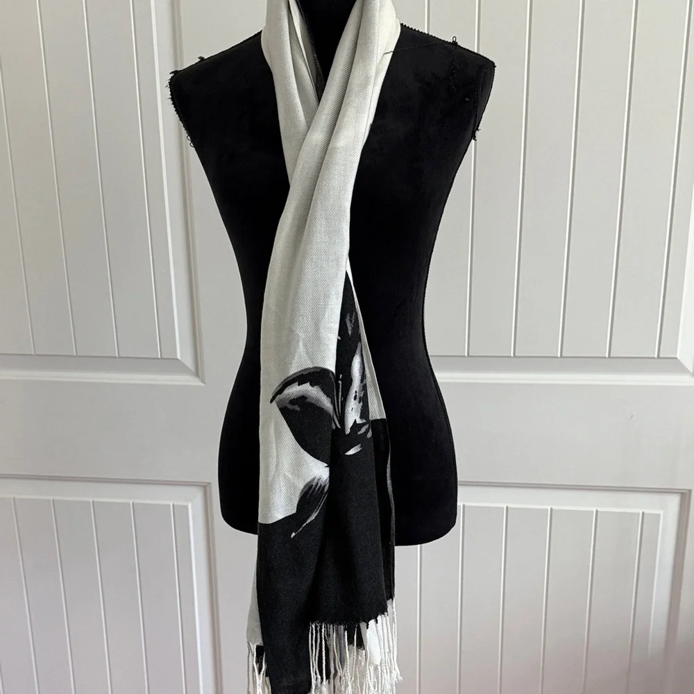 Pashmina Black and White Floral Scarf 70x26”